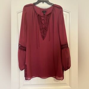 WHBM Long Sleeve Lace Neck Tunic in Dark Sangria